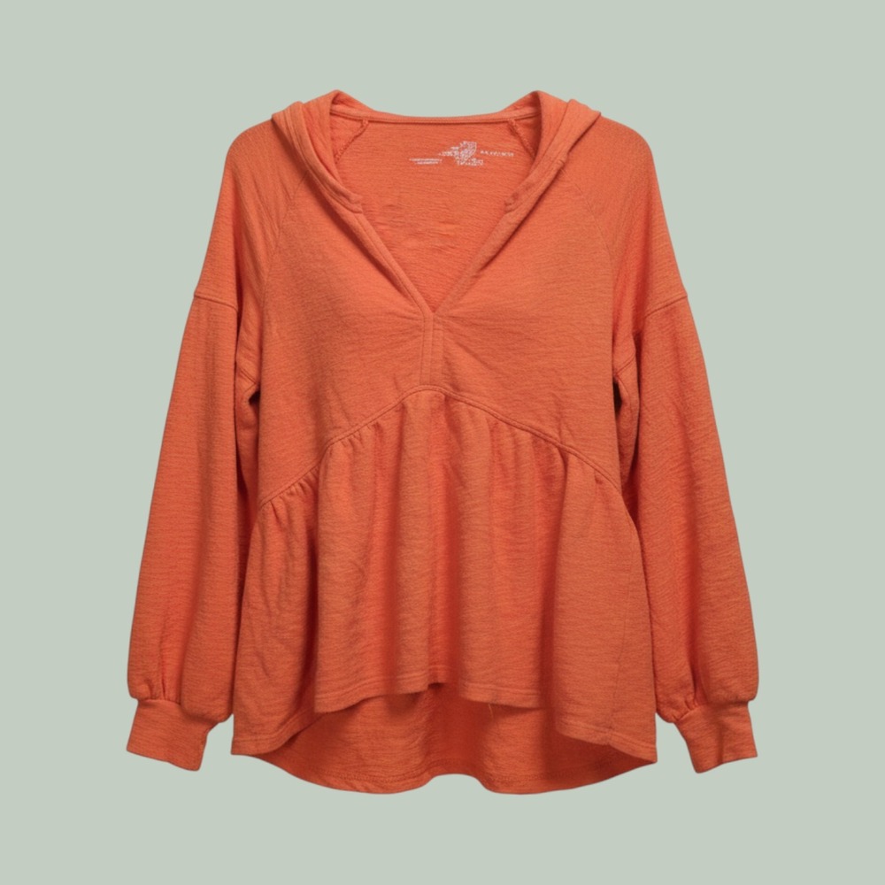 Pilcro Anthropologie Orange Peplum Hoodie V-Neck Slub Knit Top Small